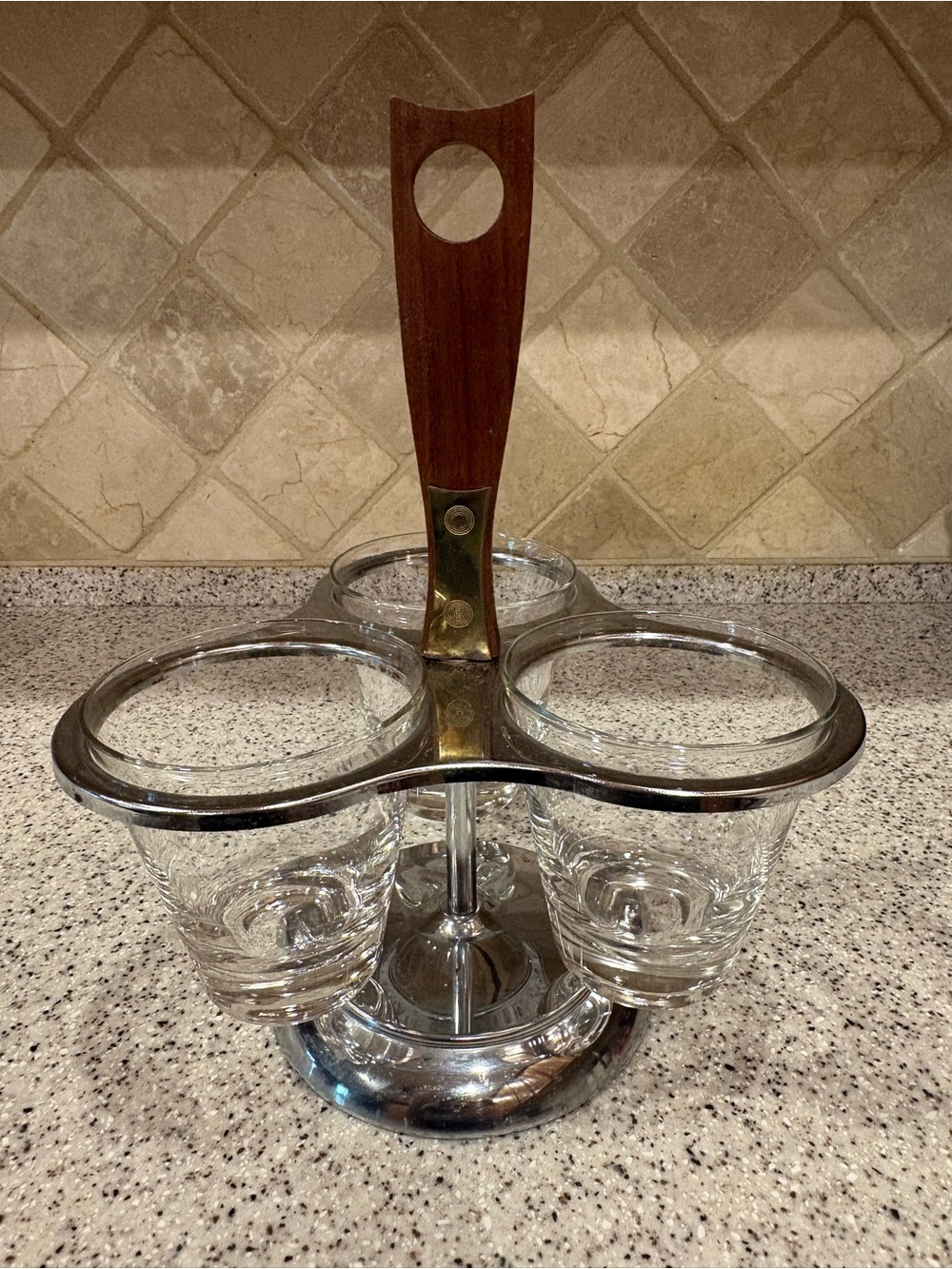 Vintage Mid Century Modern 3 Glass Condiment & Teak Wood Handle